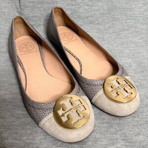 Tory Burch Serena 2 Ballet Flats 7.5 Snake Print Cap Toe Gold Logo